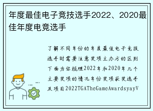 年度最佳电子竞技选手2022、2020最佳年度电竞选手
